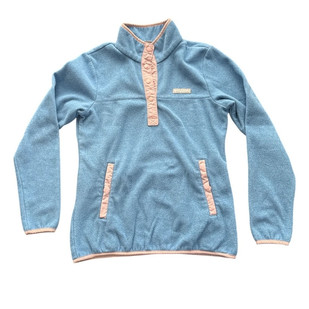 Columbia Womens Small Blue Fleece Pullover Snap Neck Pink Trim Outdoor